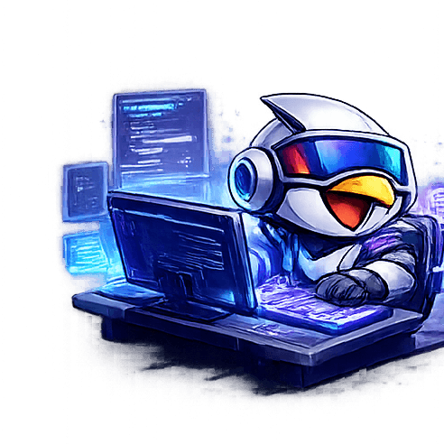 Corbsy mascot working at a laptop with holographic code displays in the background.