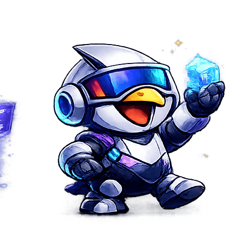 Corbsy mascot holding a glowing cube.